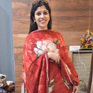 Red Floral Digital Print Satin Saree