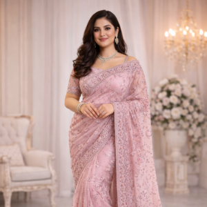 Peach Floral Printed Cotton Sadi Set with Dupatta